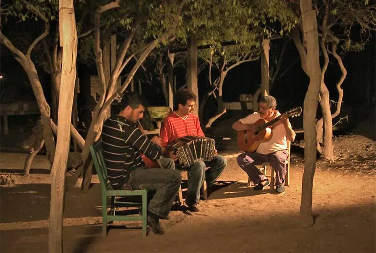 tres hombres sentados de noche bajo unos arboles iluminados tocando instrumentos